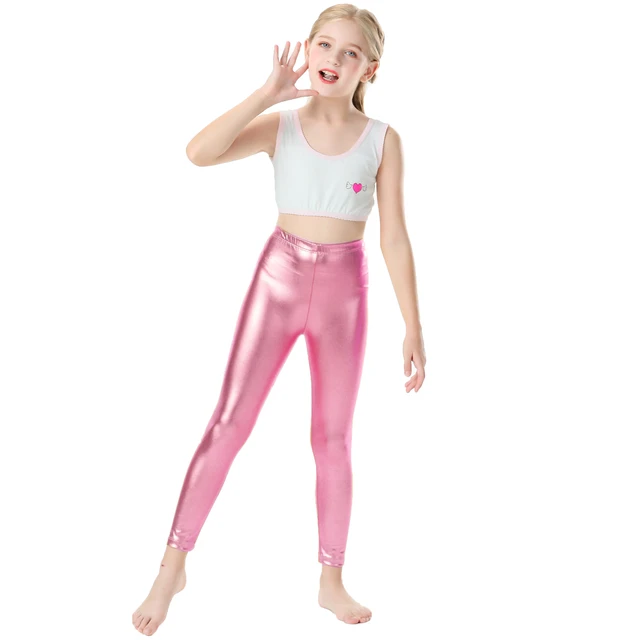 High Waist Elastic Band Metallic Leggings Girls Gold Pants Kids Shiny Tights Toddler Dance Trousers Party Performance Bottoms