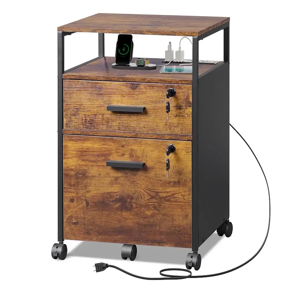 

2 Drawer File Cabinet With Lo And Charging Station, Wood Filing Cabinet Fits A4 Or Letter Size, Mobile Printer Stand With Open