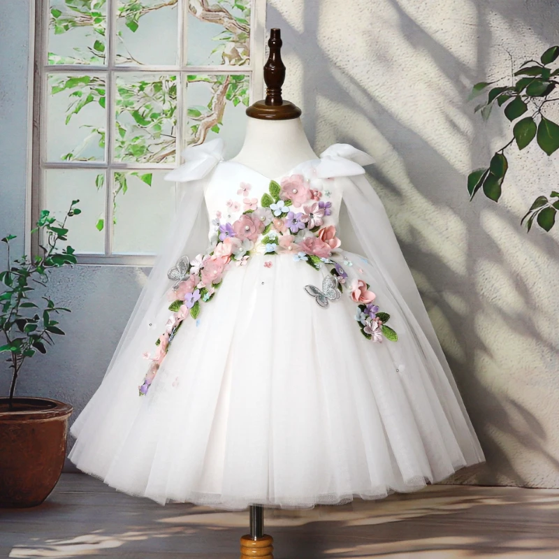 White Kids Puffy Skirt First Birthday 3D Floral  Formal Party Celebration Dress Clothes Applique Flower Girl Girls Princess Gown