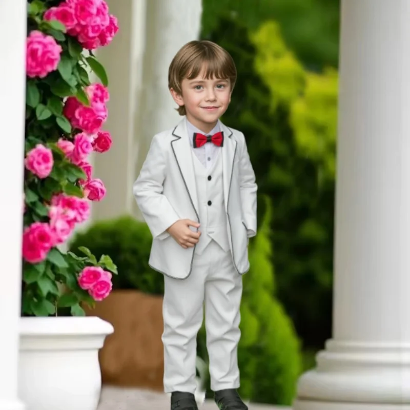 

Детская белая куртка, жилет, брюки с галстуком-бабочкой, 4 предмета, формальный костюм для фортепиано, свадебное платье с цветочным узором для мальчиков, детский блейзер на день рождения