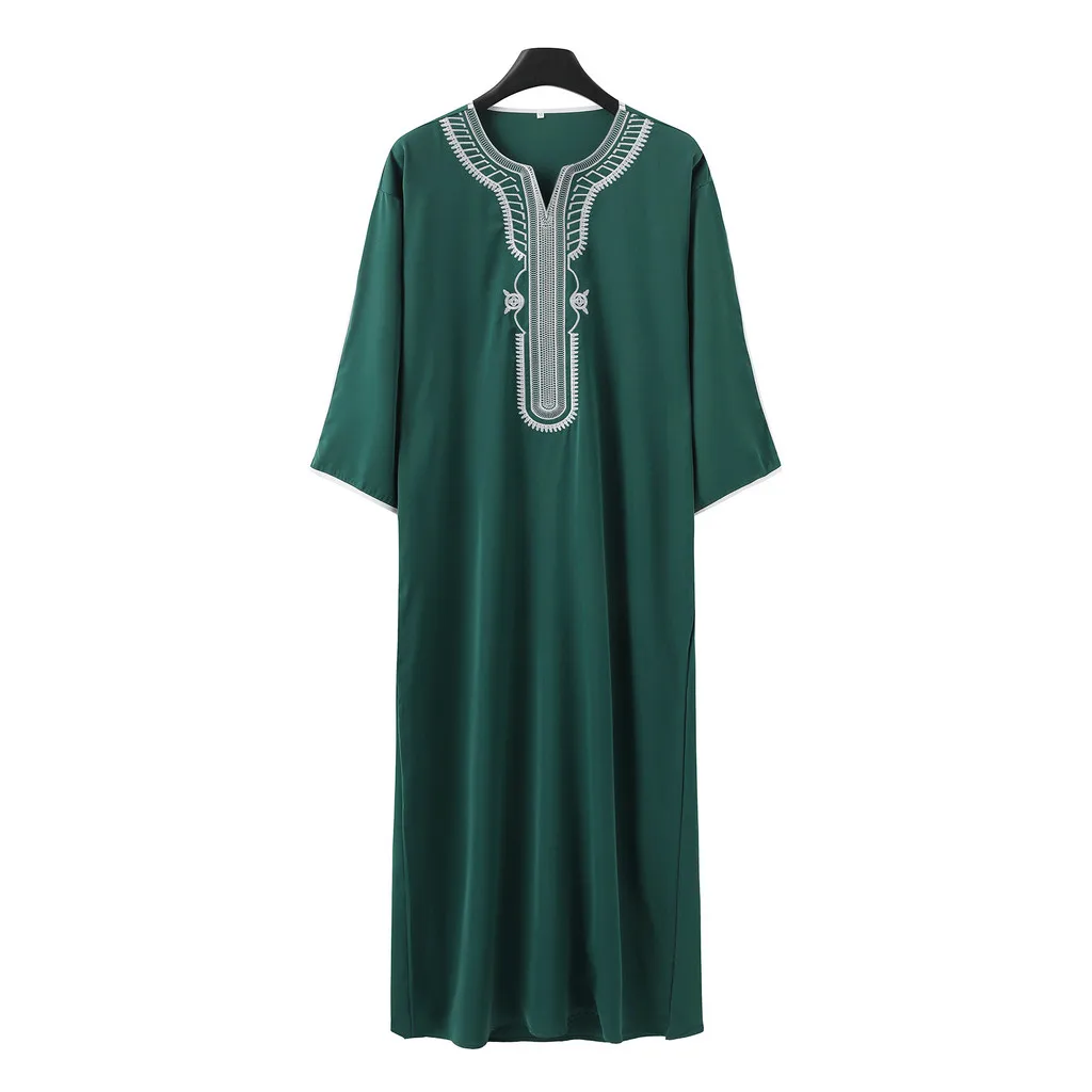 Men Embroidered red white Jubah Short Sleeve Moroccan Loose Ethnic Style Arab Robe