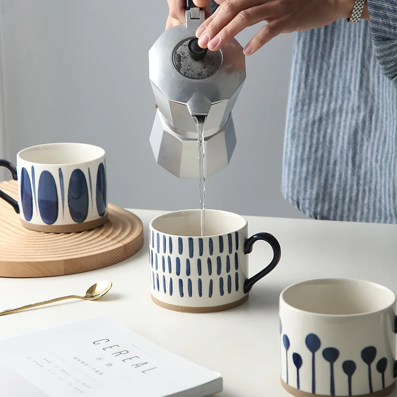 Japanese Style Stoneware Coffee Cup Blue Vertical Stripe Breakfast Milk Mug Home Ceramic Couple Latte Coffee Cup Delicate Gifts