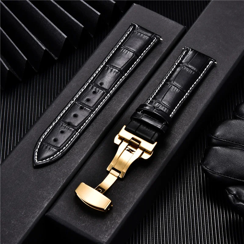 Bamboo Pattern Leather Watch Band Strap with Automatic Butterfly Deployment Clasp 18mm 20mm 22mm 24mm Straps Watch Accessories