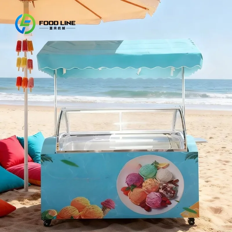 Custom Ice Cream Cart With Umbrella Commercial Grade Mobile Ice Cream Cart Street Food Push Cart with Display Freezer for Events