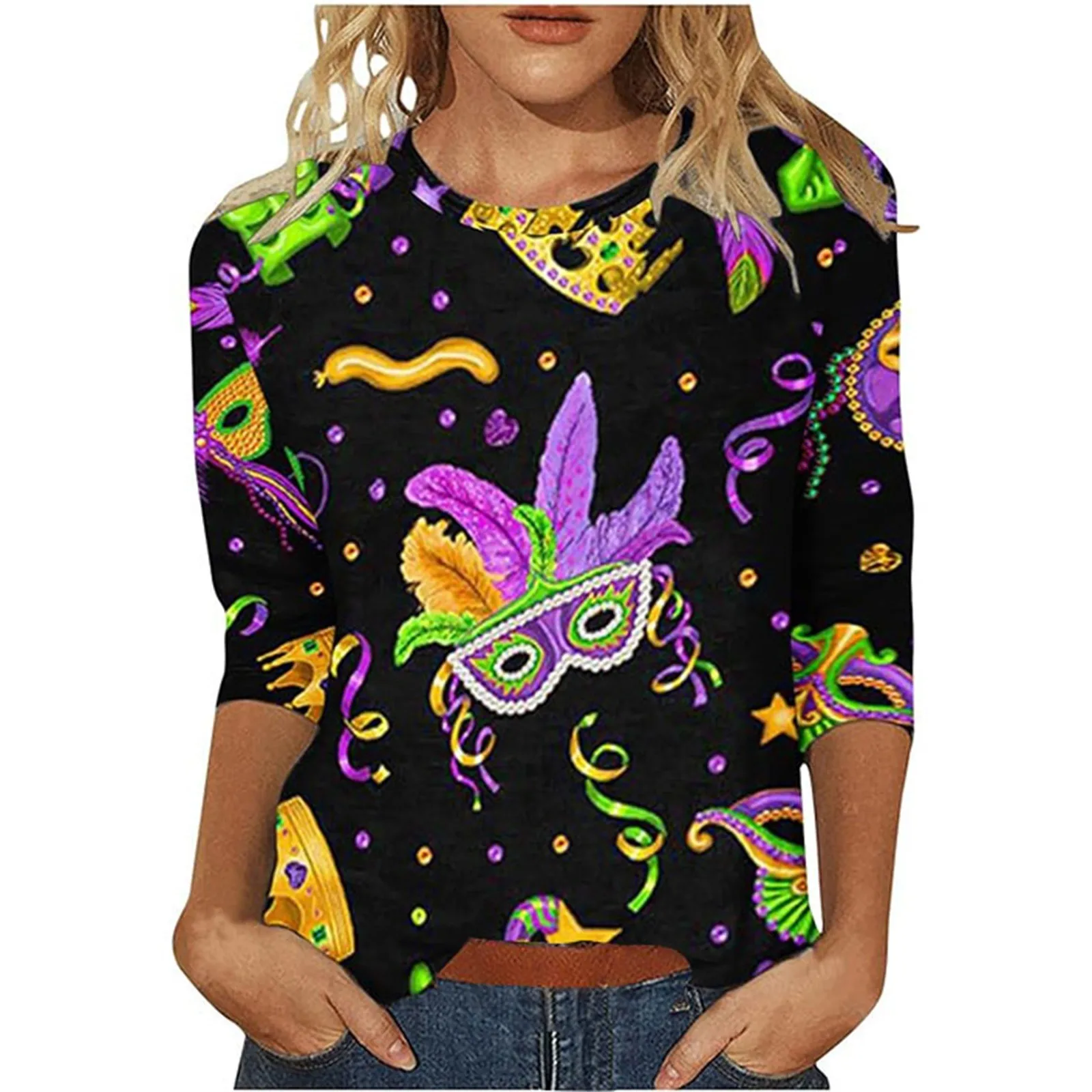 1 Pcs Carnival Printed Shirts for Women Fashion 3/4 Sleeve Crewneck Graphic Tee T-shirt Spring Summer Funny Tunic Pullover Tops