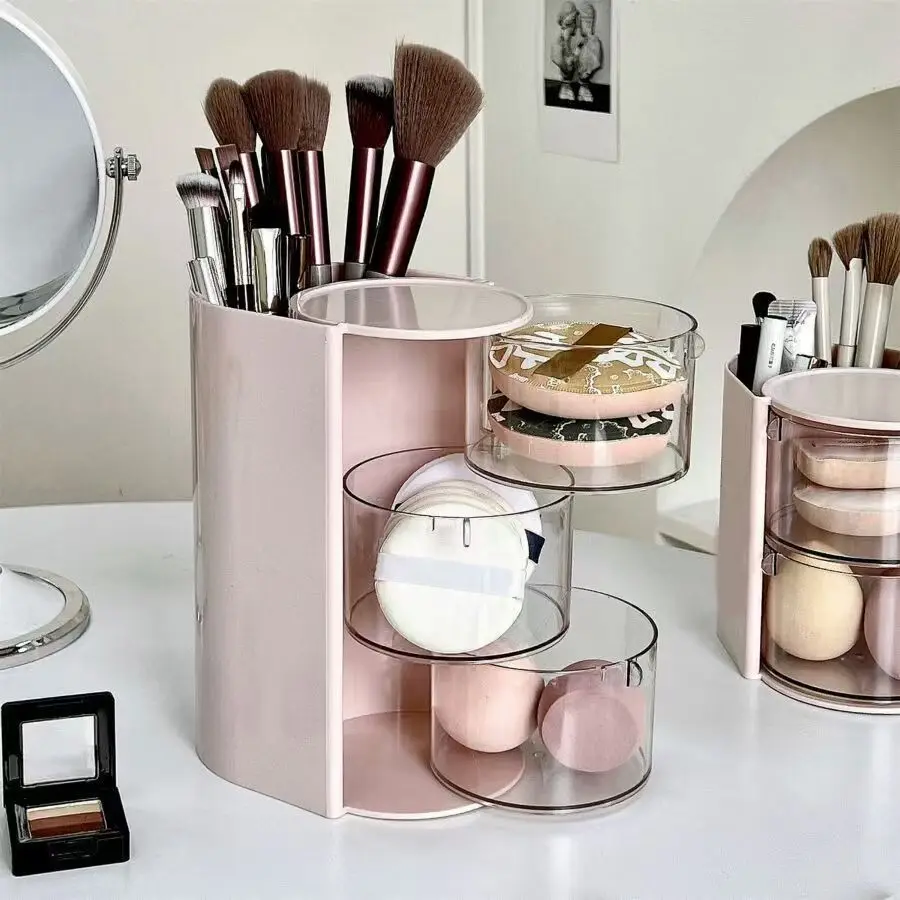 2-Piece Rotating Dustproof Makeup Organizer for Vanity Desktop - Holds Puff,Beauty Blender,Cushion,Lipstick,Makeup Brush Holder