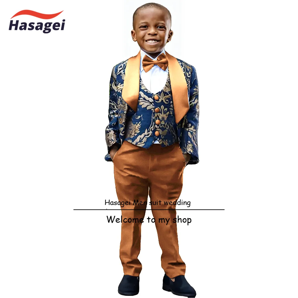 Gold Pattern Boys Suit 3 Piece Suit with White Pants Formal Kids Wedding Tuxedo Teen Stage Performance Wear 2-16 Years Old