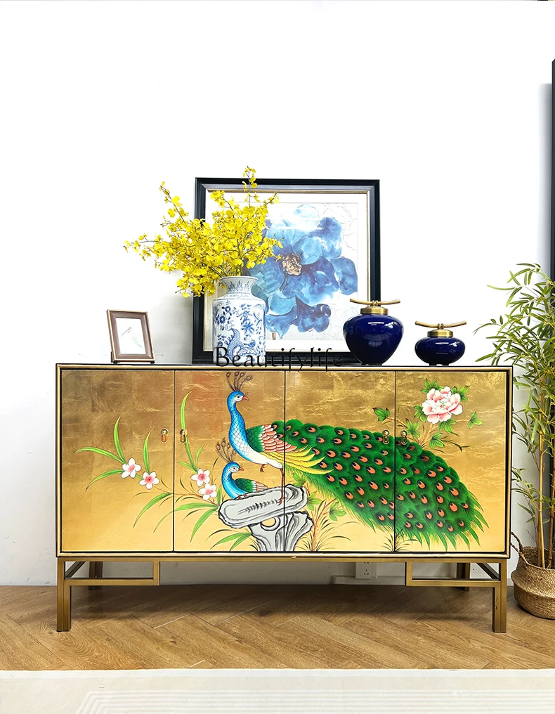 New Chinese-style entrance cabinet light luxury living room solid wood leather hand-painted peacock wall decoration side cabinet