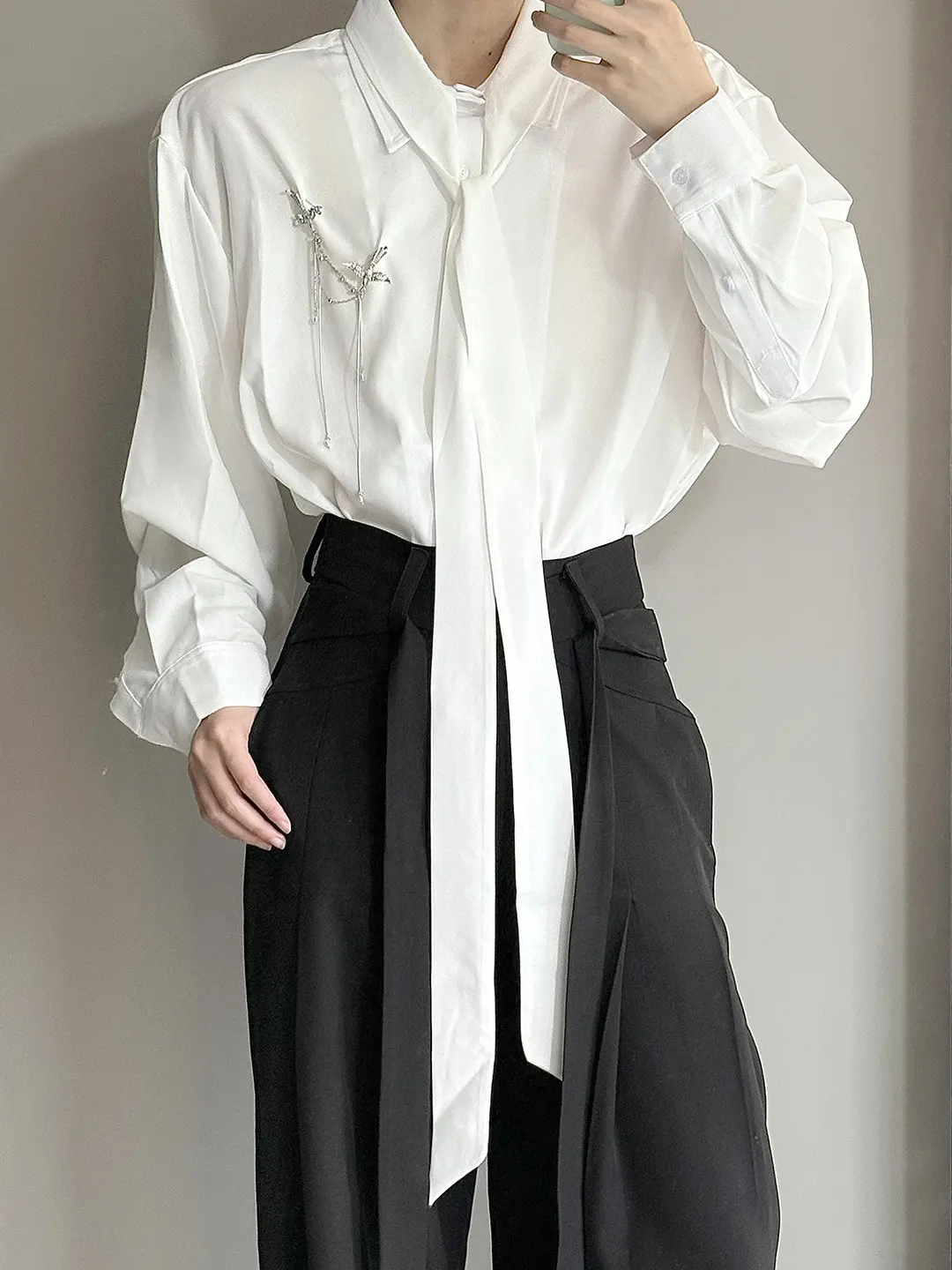 

Men's Chiffon Lace-up Shirt Korean Fashion Simple Long Sleeve Shirts 2026 Spring New Male Solid Color Turn-Down Collar Tops