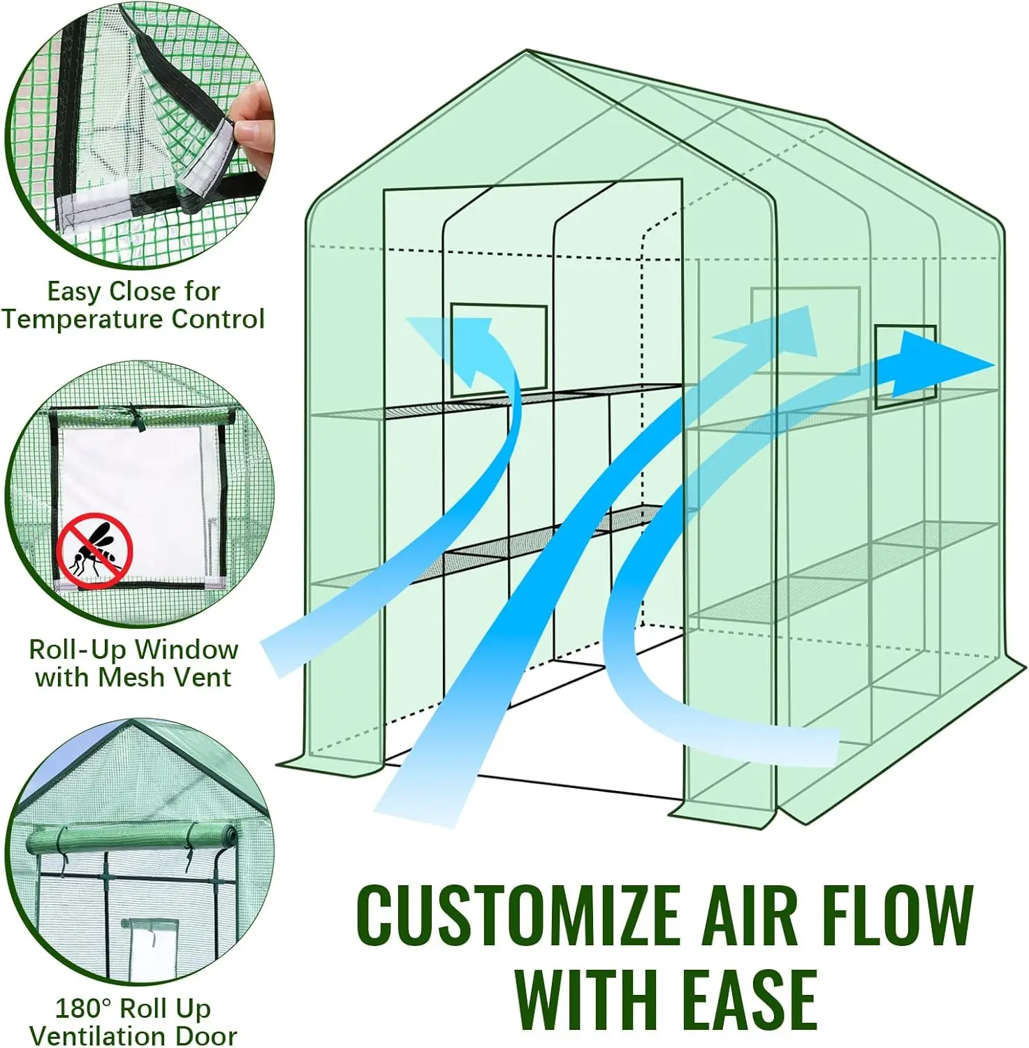 56 x 85 x 75'' Greenhouses for Outdoors, Portable Greenhouse Kit with Mesh Side Windows, PE Cover, 8 Shelve