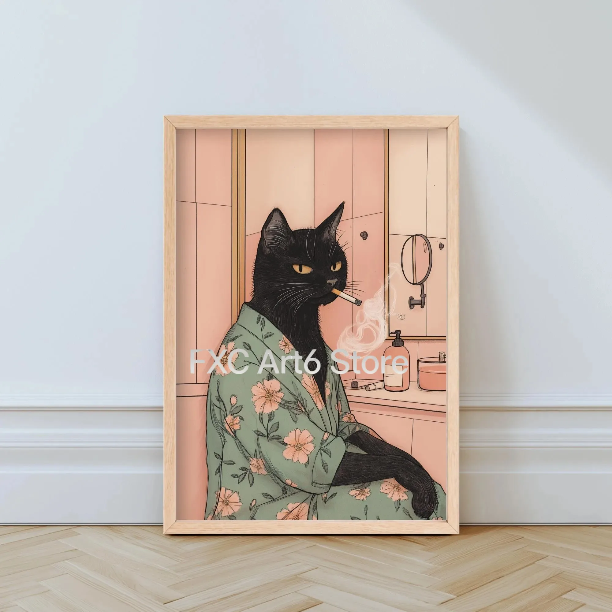 1 Stück rahmenloses rosa Badezimmer-Leinwandposter mit schwarzer Katze, lustige Tiere, Toiletten-Wandkunstdrucke für Wohnzimmer, Badezimmer, Waschküche