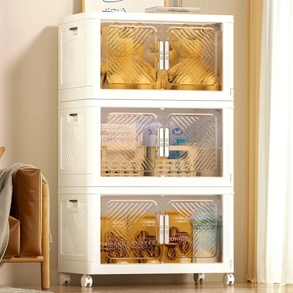 

Storage Bins With Lid 76Qt, Stackable Storage Containers With Wheels And Magnetic Doors, Plastic Clothes Closet Organizers And