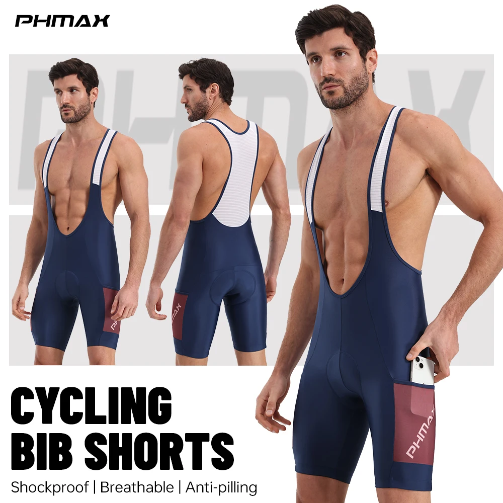 PHMAX Men's Cycling Bib Shorts 5D SILICONE Padded Men's Road MTB Cycling Bike Shorts Pants Bicycle Shorts with Pocket Clothes