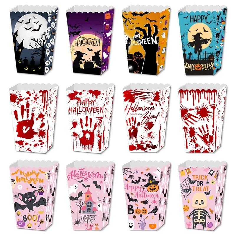 

4sets Halloween Popcorn Box Foldable Candy Box Bat Castle Bloody Hand Witch Pattern Cookie Snack Box Halloween Party Supplies