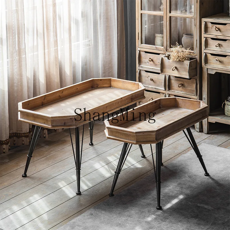 

SM retro sofa wrought iron corner table living room small garden table solid wood coffee table bedroom modern and simple