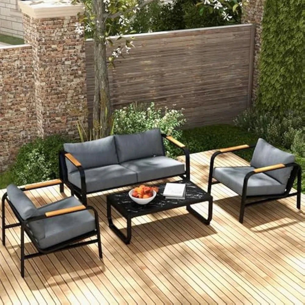 Metall-Terrassen möbelset, 4-teiliges modernes Gesprächs set im Freien, Terrassen set mit Sofa und Couch tisch für Balkon, Garten