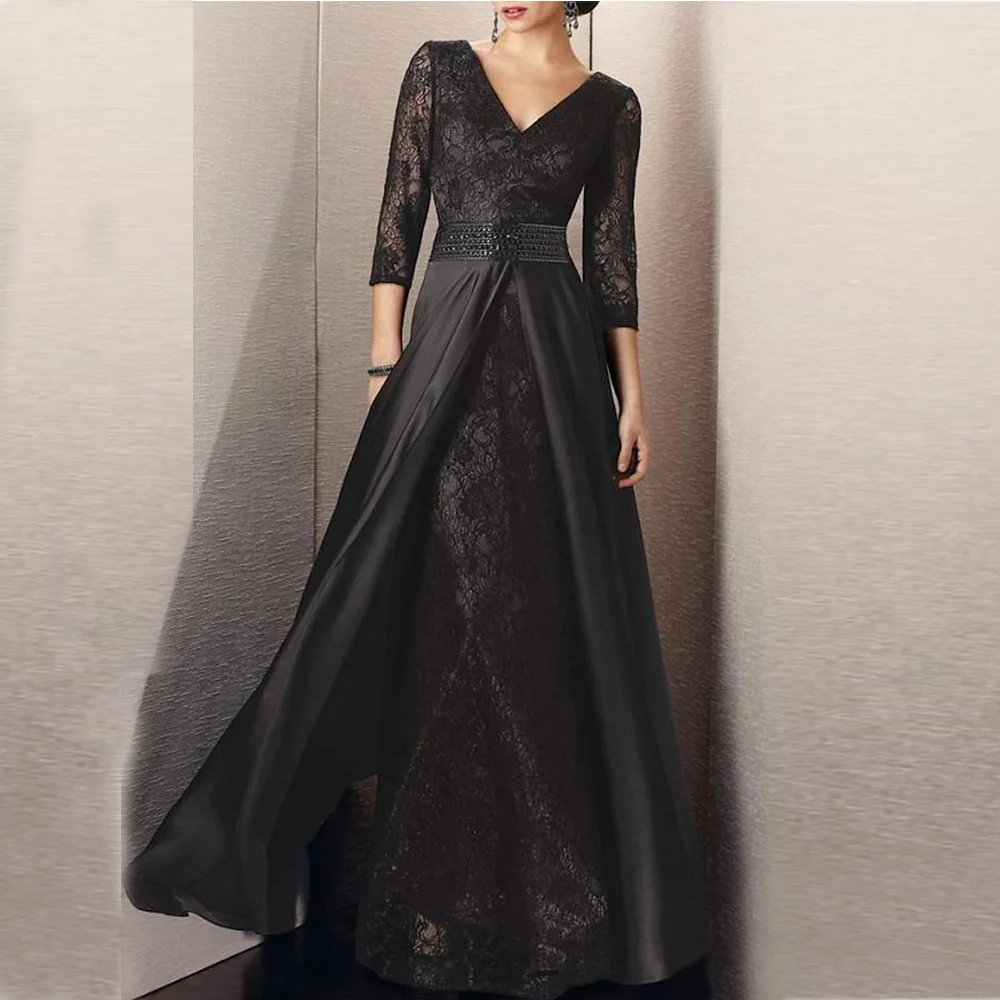 Elegant Mother of the Bride Dresses 2023 A-Line V-neck Wedding Guest Gowns  Lace Satin with Beads Dress Women for Wedding Party