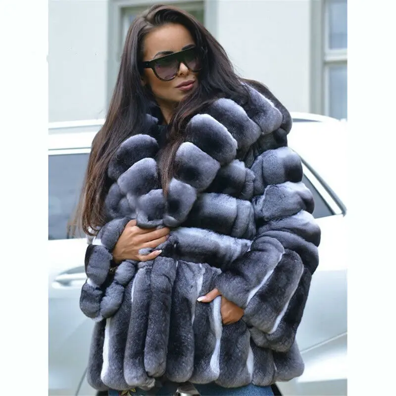 Women Chinchilla Real Rex Rabbit Fur Hooded Coat Fashion Causal Full Pelt Warm Overcoat Jackets Winter Natural Fur Outwear