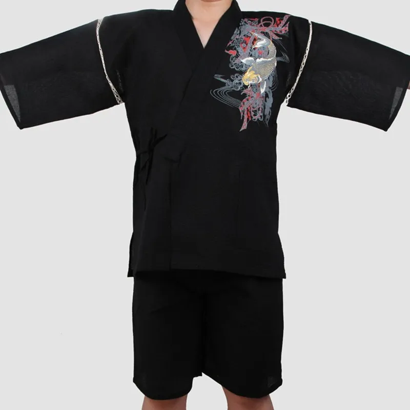 Homens Manga Curta Estilo japonês Kimono Pijama Set 100% Algodão solto e casual Agasalho