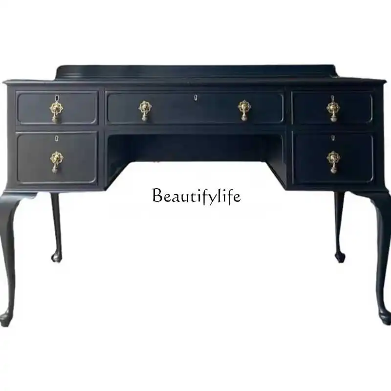 

French Retro Black Solid Wood Dressing Table Multifunctional American Style Bedroom Dressing Table