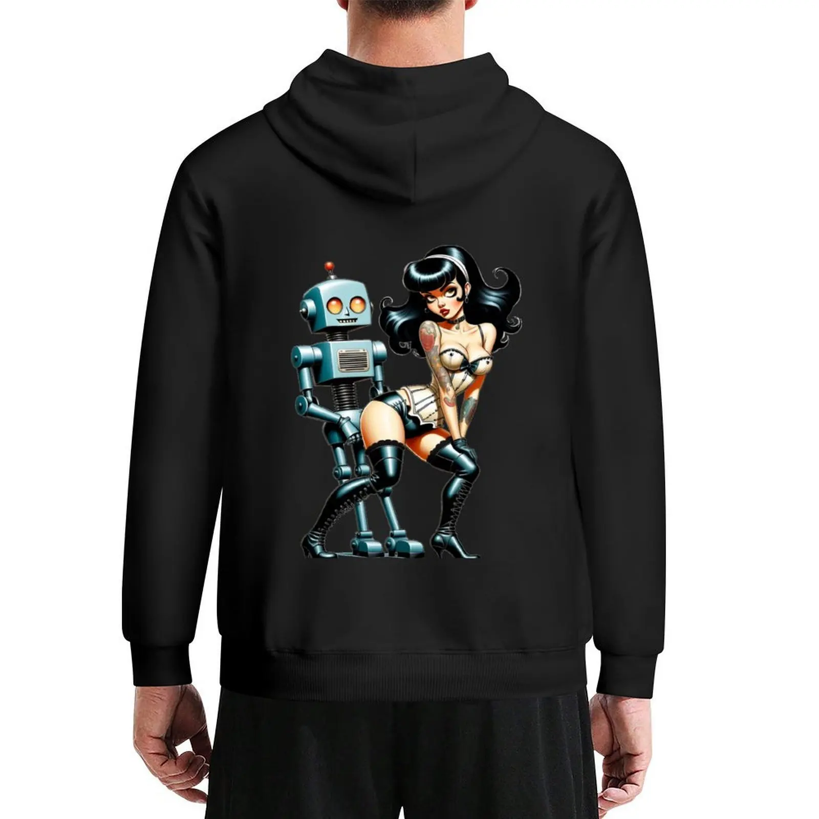 

Pinup Girl posing with Retro Robot Hoodie clothes for men winter clothes men clothes men clothing mens hoodie