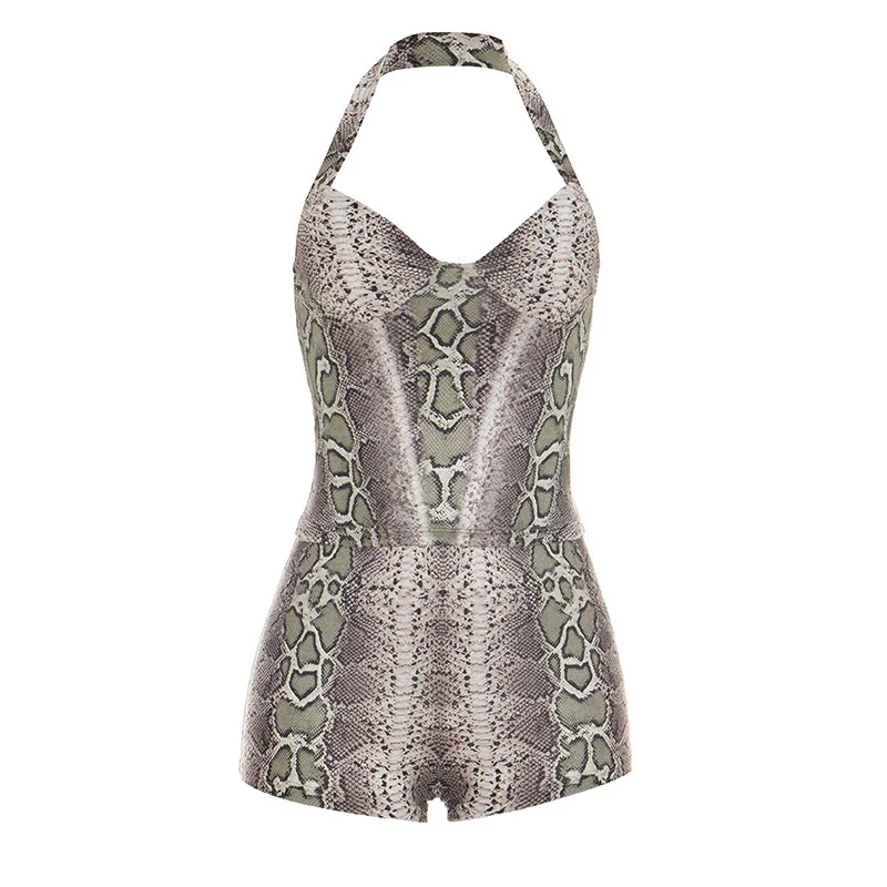 Summer new sexy snake print hanging neck top and tight shorts set