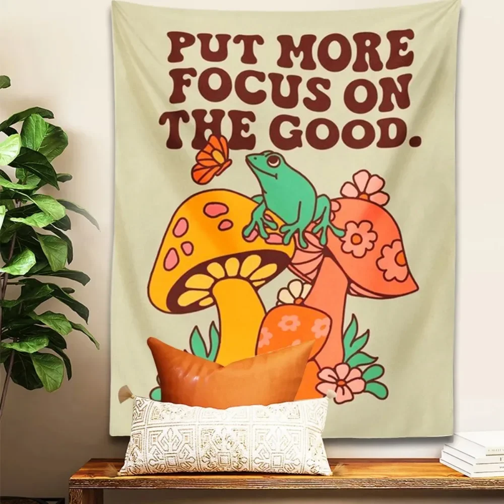 Mushroom Frog Tapestry Wall Hanging Retro Put More Focus on the Good Trippy Aesthetic Room Decor Vintage Boho Wall Art