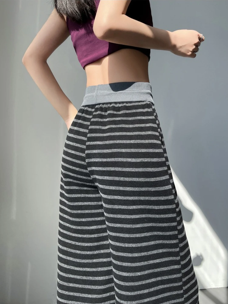 Y2K Pantaloni a gamba larga a righe nere Nuovo autunno a vita alta con coulisse in maglia Pantaloni da passeggio casual larghi Pantaloni lunghi fino al pavimento Streetwear