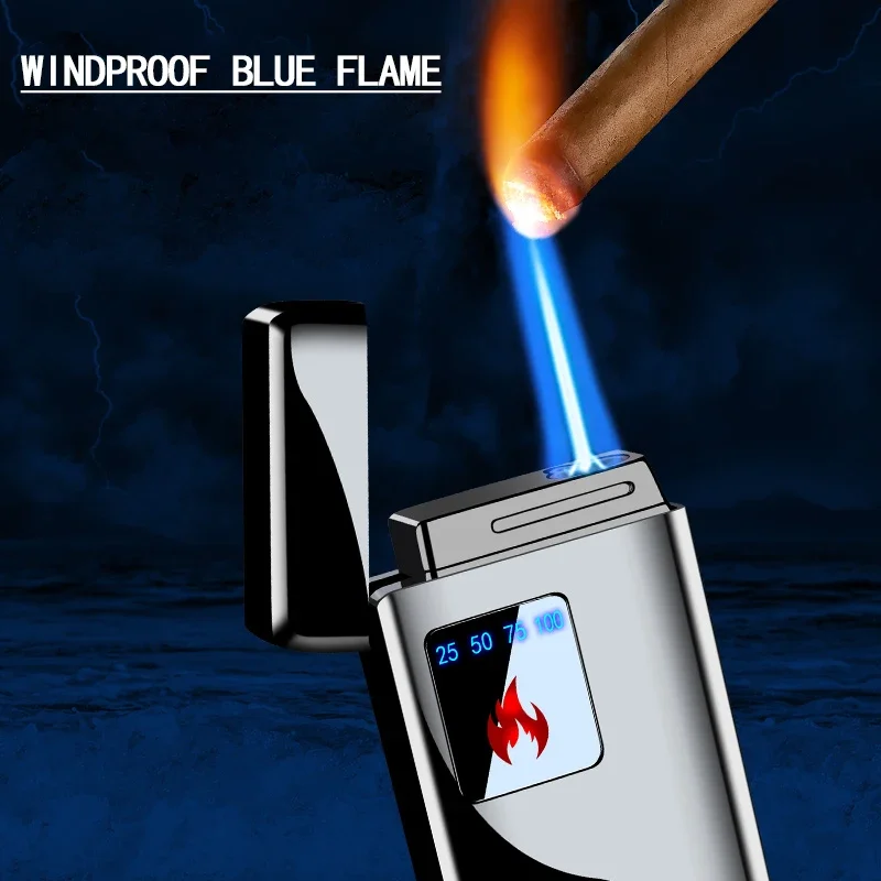 Hot Electric Blue Flame Ice Plated Digital Display Power Touch Lighter Windproof Jet Cigar Torch Lighter Men Gifts