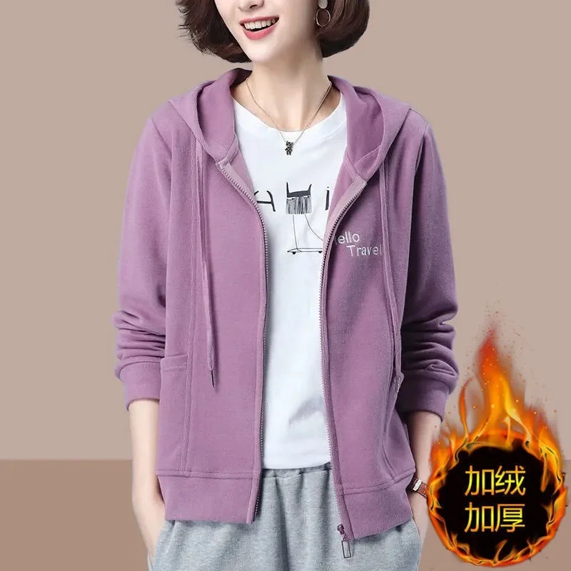 2026 Spring Autumn New Coats Women Thin/Velvet Cotton Hooded Sweatshirt Korean Jacket Loose Cardigan Short Outerwear Female Tops