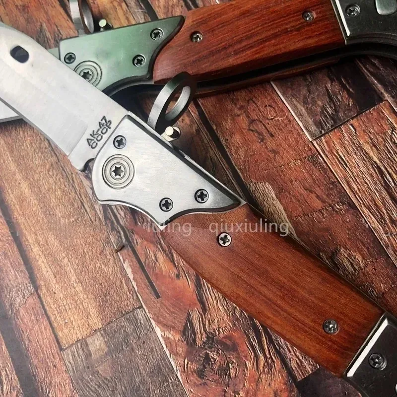 Tactical AK47 Flipper Folding Knife 440C Blade Wooden Handle Military Outdoor Hunting Camping Knives Pocket EDC Hand Tool