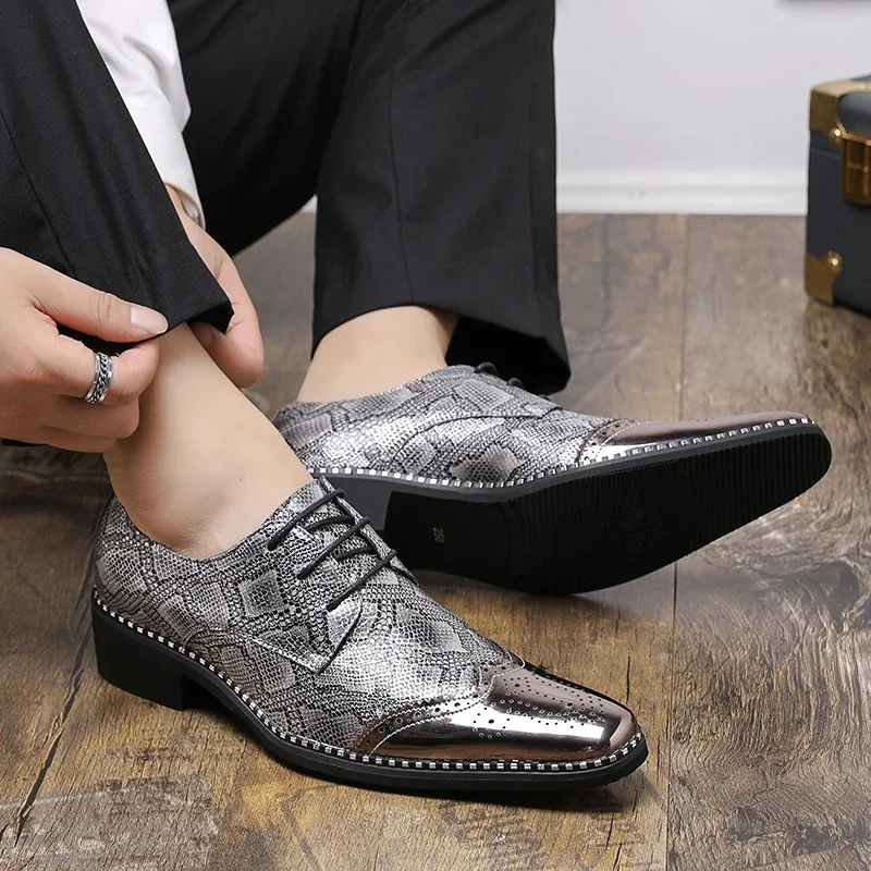 Snakeskin Grain Formal Shoes Leather Oxfords for Men Dressing Wedding Men's Brogues Office Shoes Lace Up Male Zapatos De Hombre