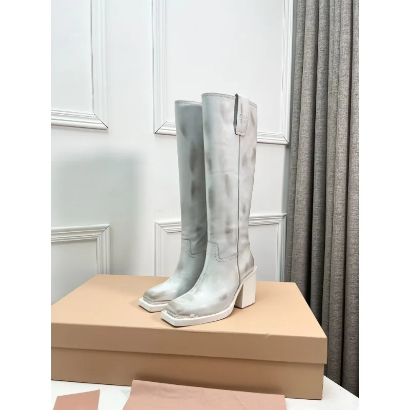 2024 Casual Genuine Leather Thick-heeled Than Knee Retro High-heeled Boots Top Layer Cowhide Knight Boots Women Shoes White