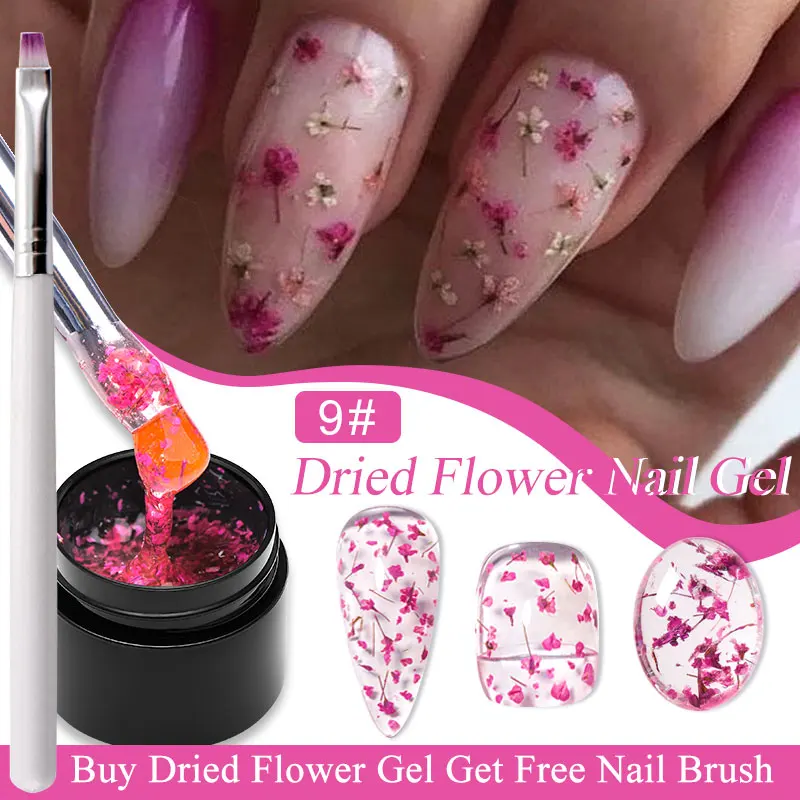 MEET ACROSS 핑크 말린 꽃 젤 네일 광택제, 브러시 포함, 자연 꽃 요정 네일 아트 젤, UV LED 페인팅 바니시, 5ml