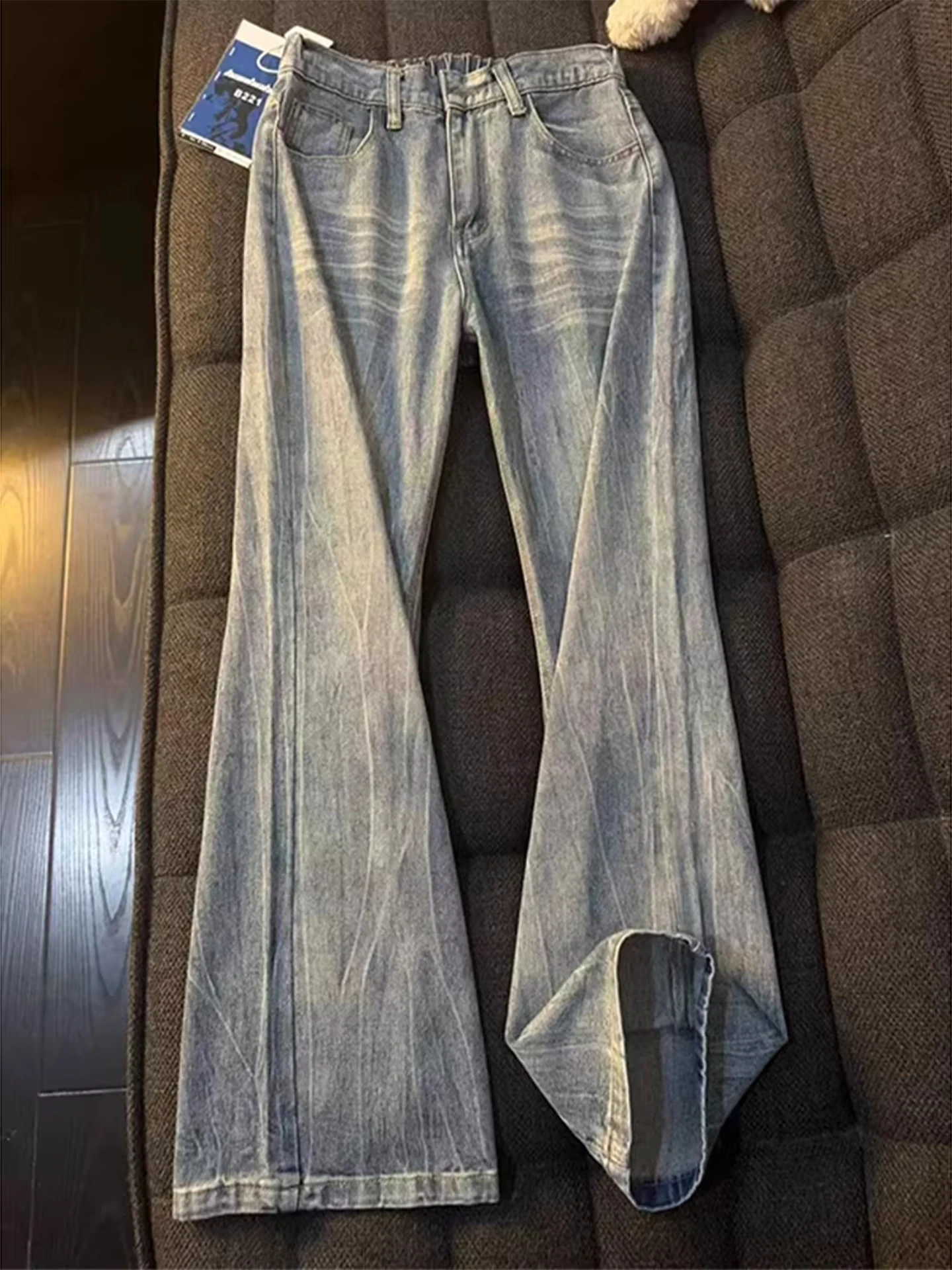 

Мужские джинсы в американском ретро-стиле с бамбуковым узором, весенне-осенние, с высокой талией, выцветшие, расклешенные, повседневные, Cleanfit