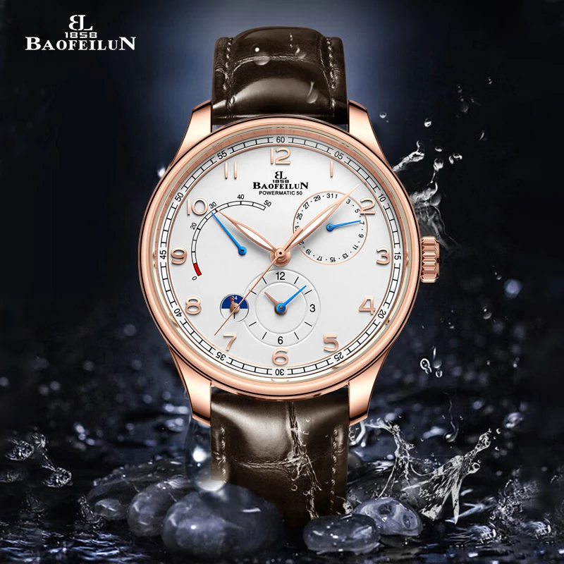 

BAOFEILUN Automatic Watches for Men Power Reserve Display GMT Date 43mm 50m Waterproof Sapphire Crystal Leather Strap Men's Gift
