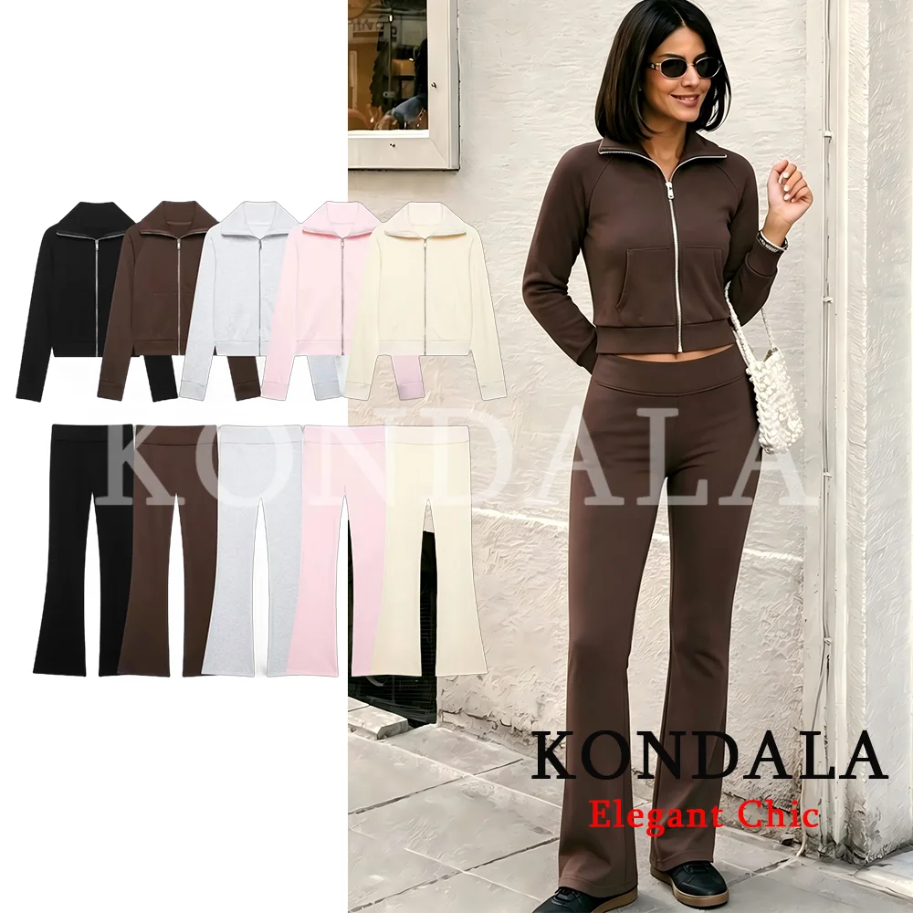 KONDALA Damen Trendiges High-Street Slim-Hosen-Set mit Revers, Reißverschlusstaschen, Jacke und Schlaghose, Neue Mode 2026 Frühherbst Mujer Set – Detail 3