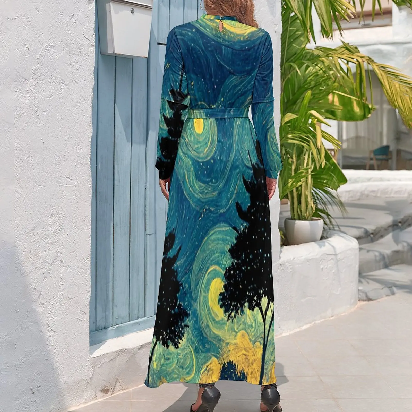 Starry Night Shadows Dress High Waist Fun Famous Painting Design Bohemia Dresses Long Sleeve Casual Long Maxi Dress Vestido