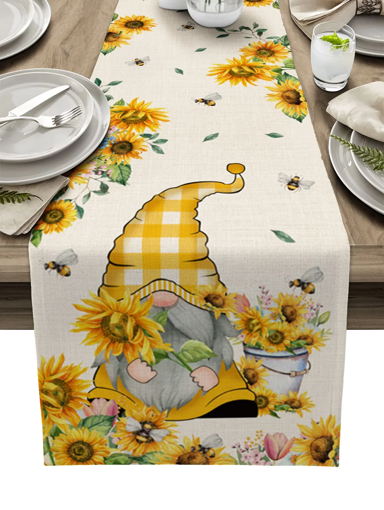 Retro Country Style Sunflower Gnome Linen Table Runners Kitchen Table Decoration Dining Table Runner Wedding Party Supplies