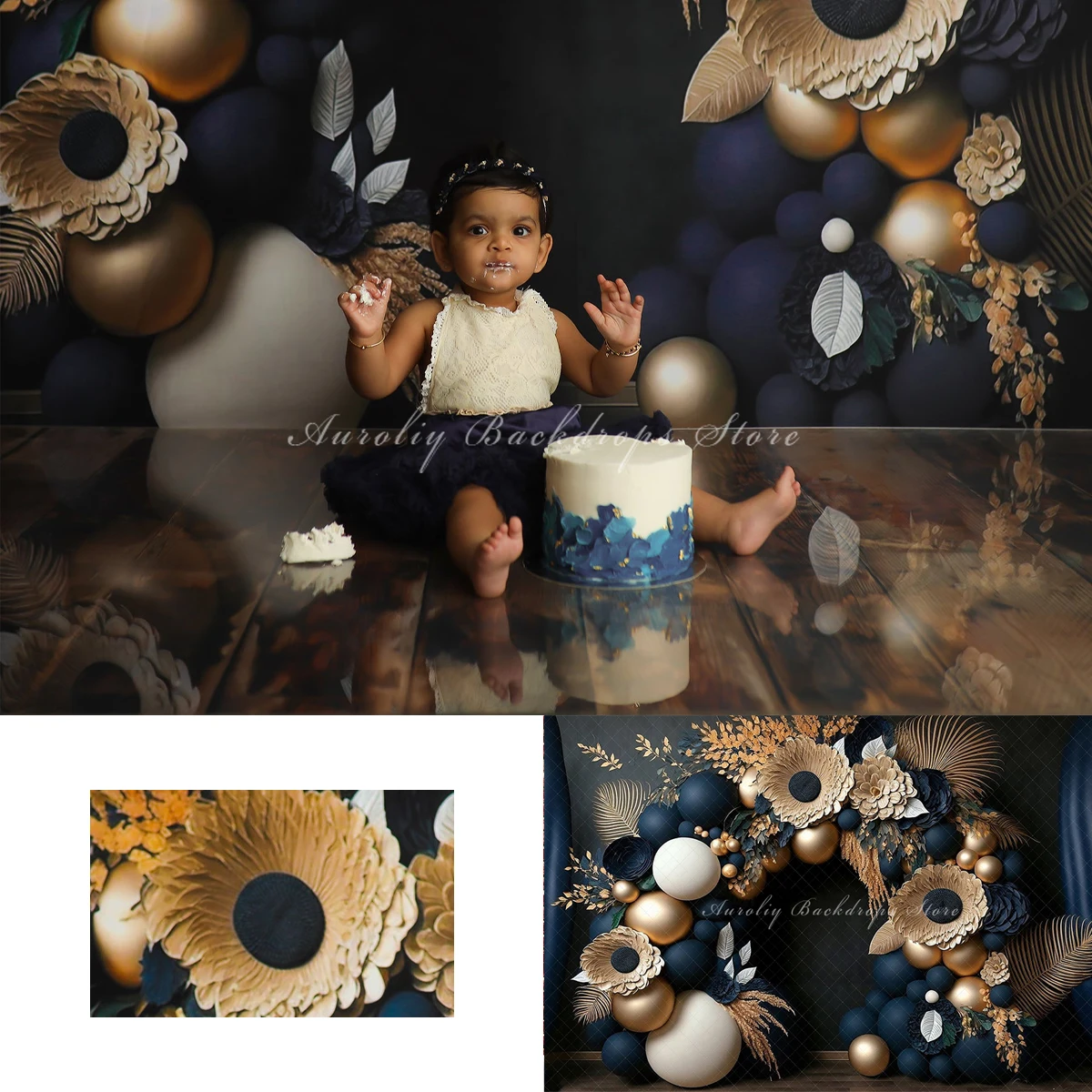 

Navy Gold Floral Balloon Garland Backgrounds Birthday Cake Smash Kids Adult Photography Props Child Baby Decors Photo Backdrops