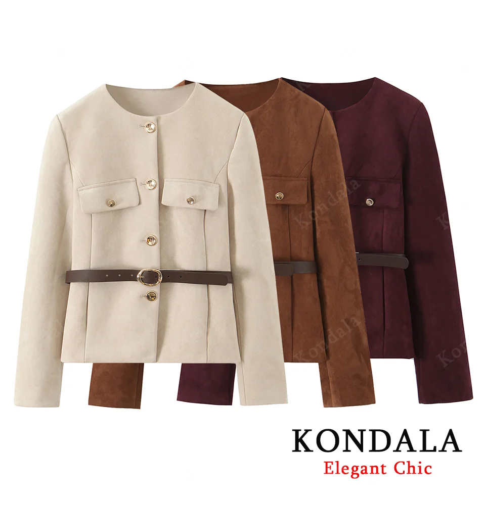 

KONDALA женское пальто с круглым вырезом и поясом, тонкая куртка с карманами и пуговицами, пальто 202, осень-зима, винтажное модное элегантное повседневное женское пальто