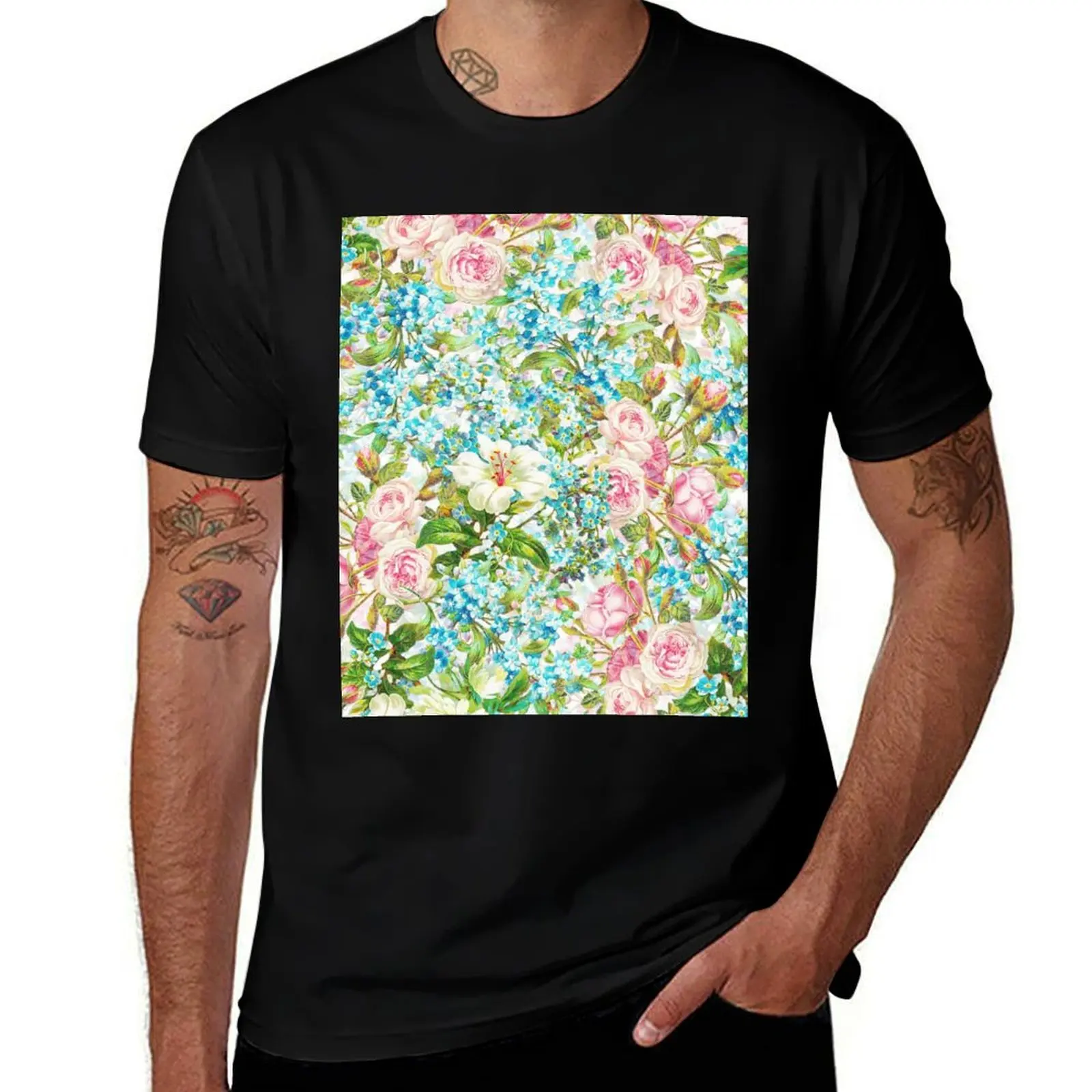 Pink Roses and Forget-me-not Botanical Garden T-Shirt sublime anime cotton t shirt men