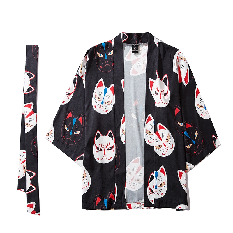 Men's Fashion Cartoon Cat Half Sleeve Kimono Jacket Harajuku Street Clothing Hip-hop Bathrobe Cardigan Jacket with Belt