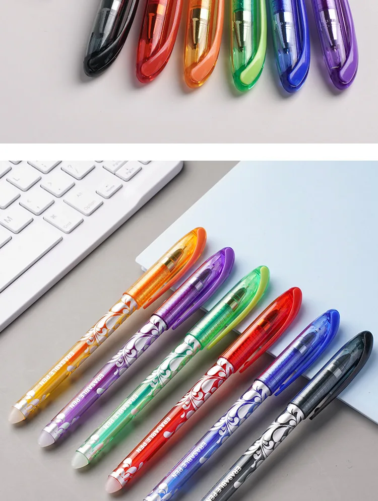Bunter löschbarer Gelstift, 0,5 mm, Thermotinte, blaues weißes Design, Kunststoffkörper, Schulbüro, Schreibzubehör – Detail 7