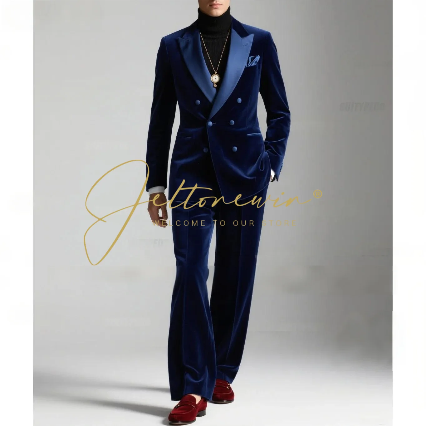 

Elegant Navy Blue Velet Blazer And Pants 2 Pieces Fashion Peak Lapel Party Prom Suit Sets Homecoming Formal Evening Male Texudo