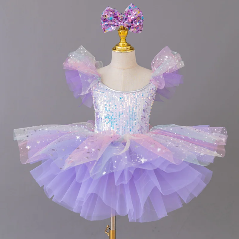 Girls Tulle Puffy Princess Dress With Wrist Flowers+Headpieces Kids Ballet Sequins Dresses Children Clothes Halloween Dress up