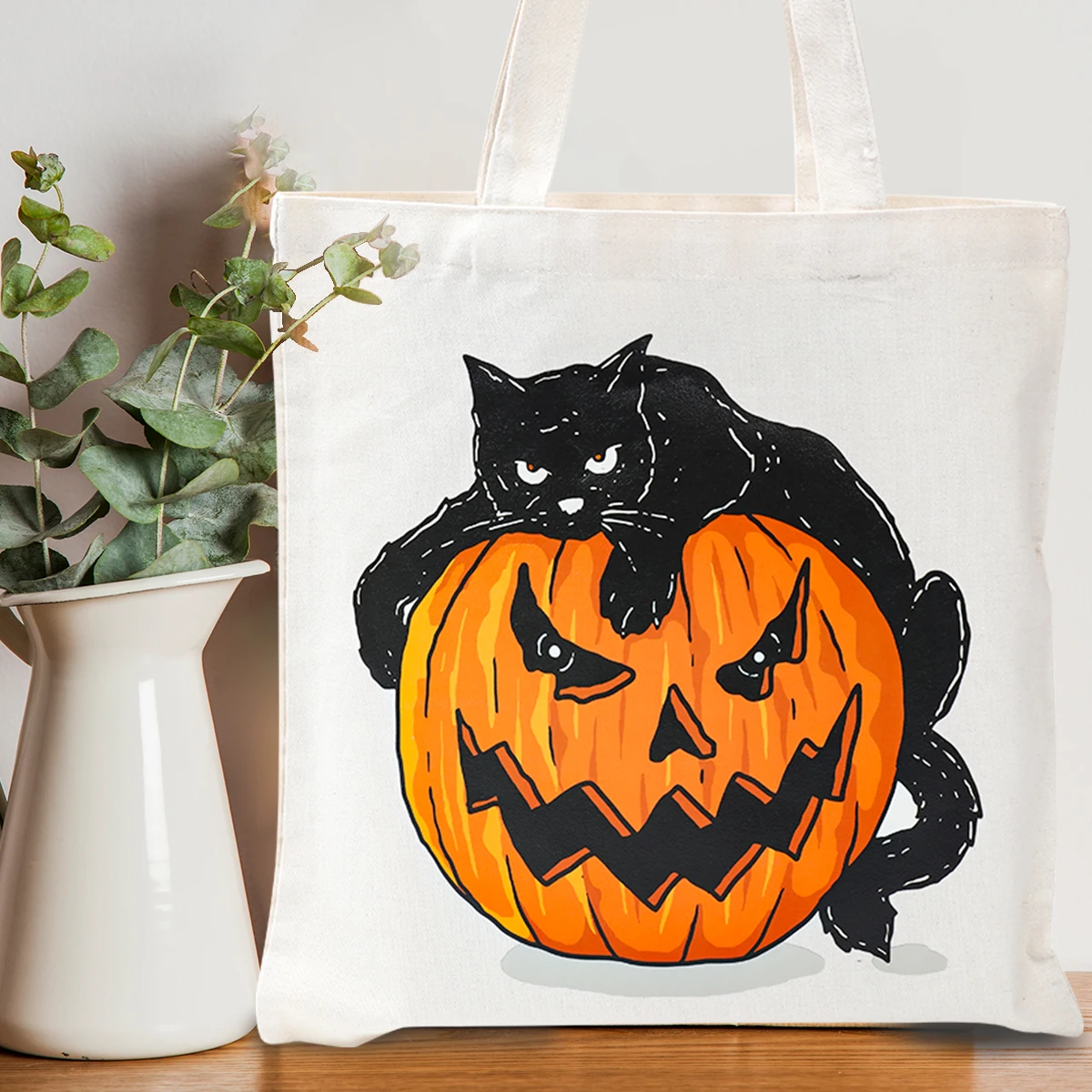 Halloween Pumpkin Cat Canvas Tote Bag Happy Halloween Party Decorations For Home 2024 Kids Favors Bag Watercolor House Handbag