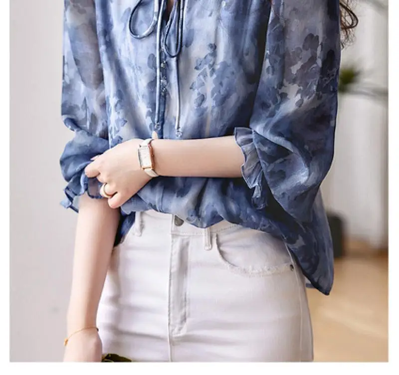 Chiffon Shirt 2023 Lente Nieuwe Elegante Vintage V-Hals Lange Mouwen Vetersluiting Losse Slanke Office Lady Basic Casual Print Top