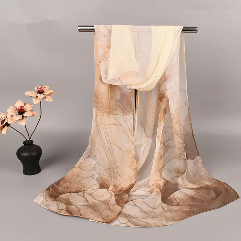Fashion Spring Summer Women Floral Printing Beach Silk Scarf Shawls Female Long Wraps Beach Sunscreen Hijab Lotus Pattern - view 2