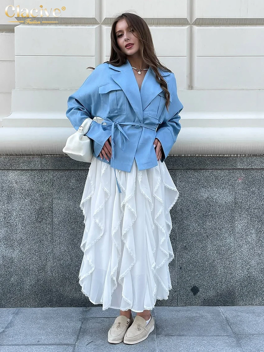Clacive Fashion Loose White Women Skirt 2027 Casual High Waist Ankle Length Skirt Elegant Classic Ruffles Skirt Female Clothing